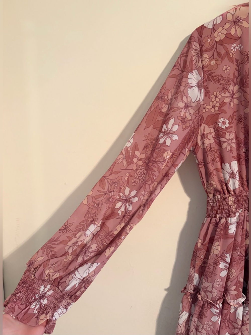 Peach Love California Floral Tie-Neck Elastic Waist Dress in Dusty Rose Sz Large - Picture 12 of 16